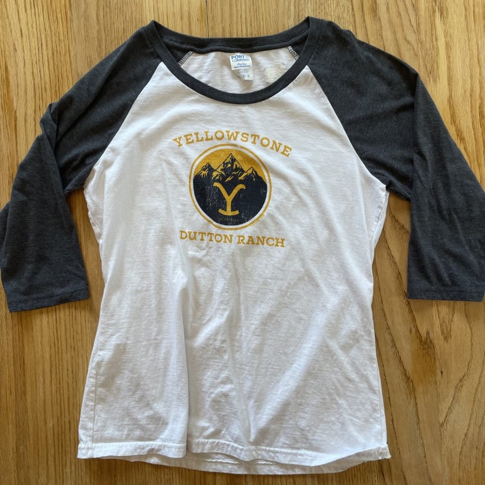 Yellowstone Dutton Ranch Women's White & Charcoal Raglan Tee